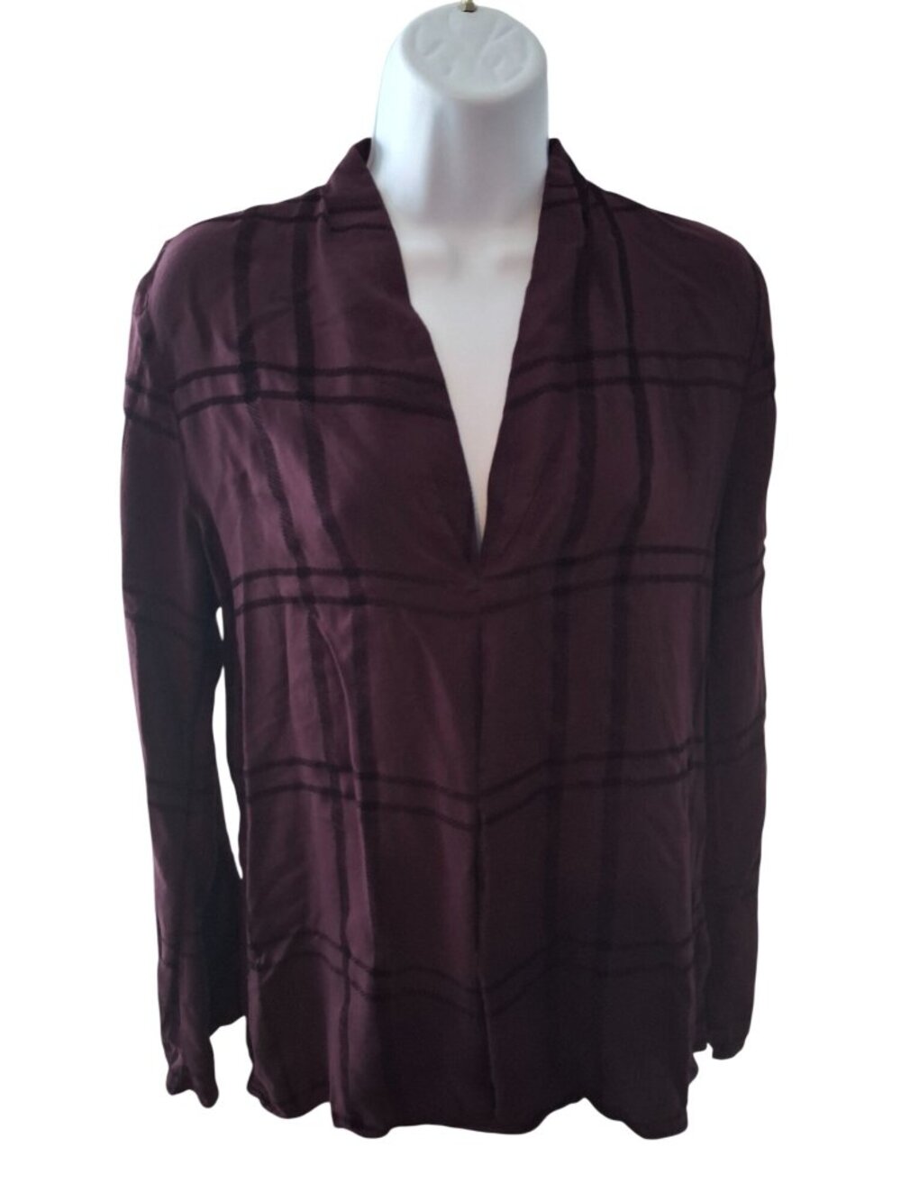Waverly Grey Liberant Womens 4 Burgundy Plaid Blouse V Neck Boho Quiet Luxury